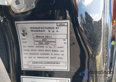 2011 Maserati Granturismo S Automatic from USA, damaged, VIN ZAM45KLA0B0058384